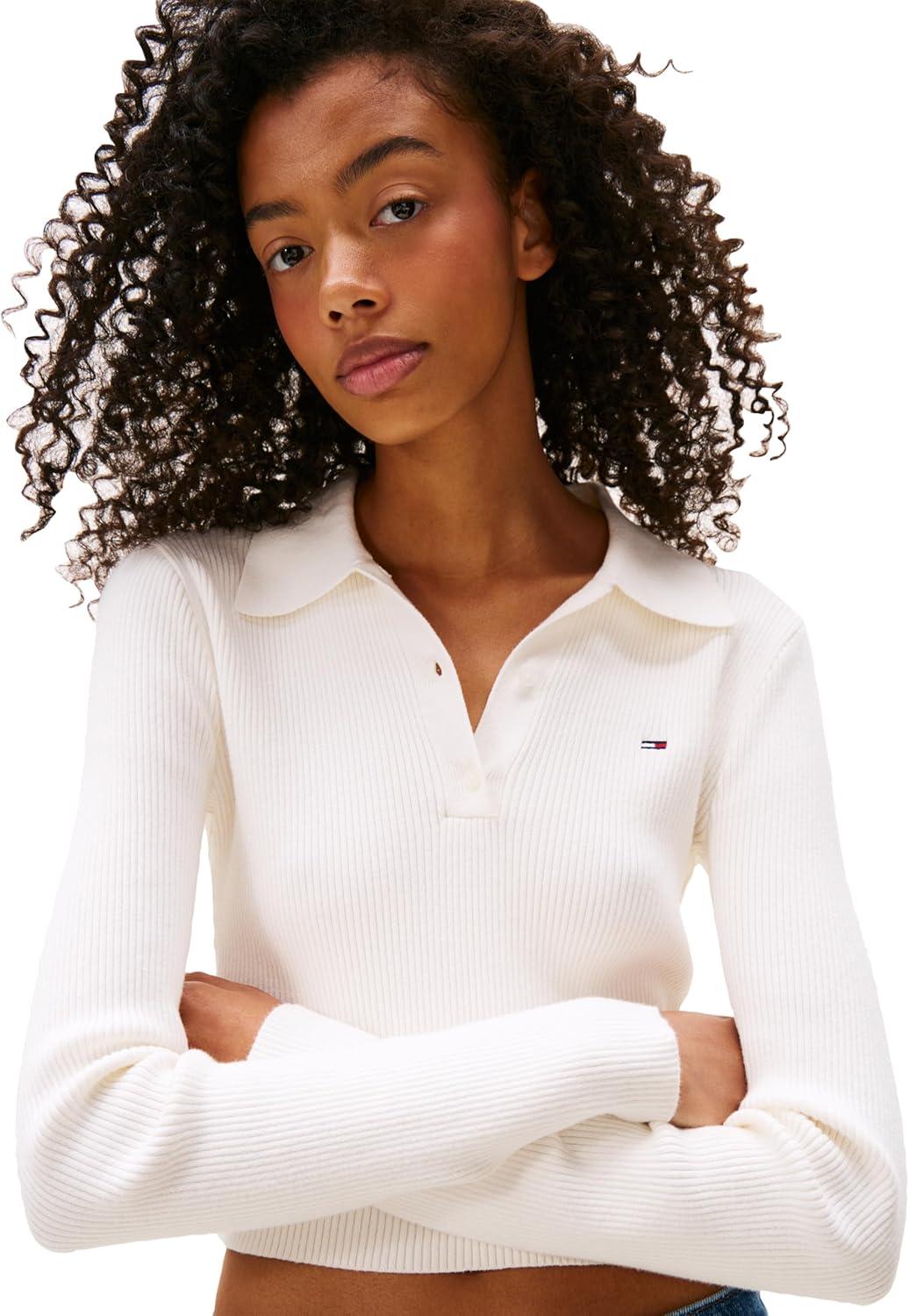 imageTommy Jeans Womens Medium Weight Long Sleeve Sweater Polo with Embroidered Flag LogoAncient White