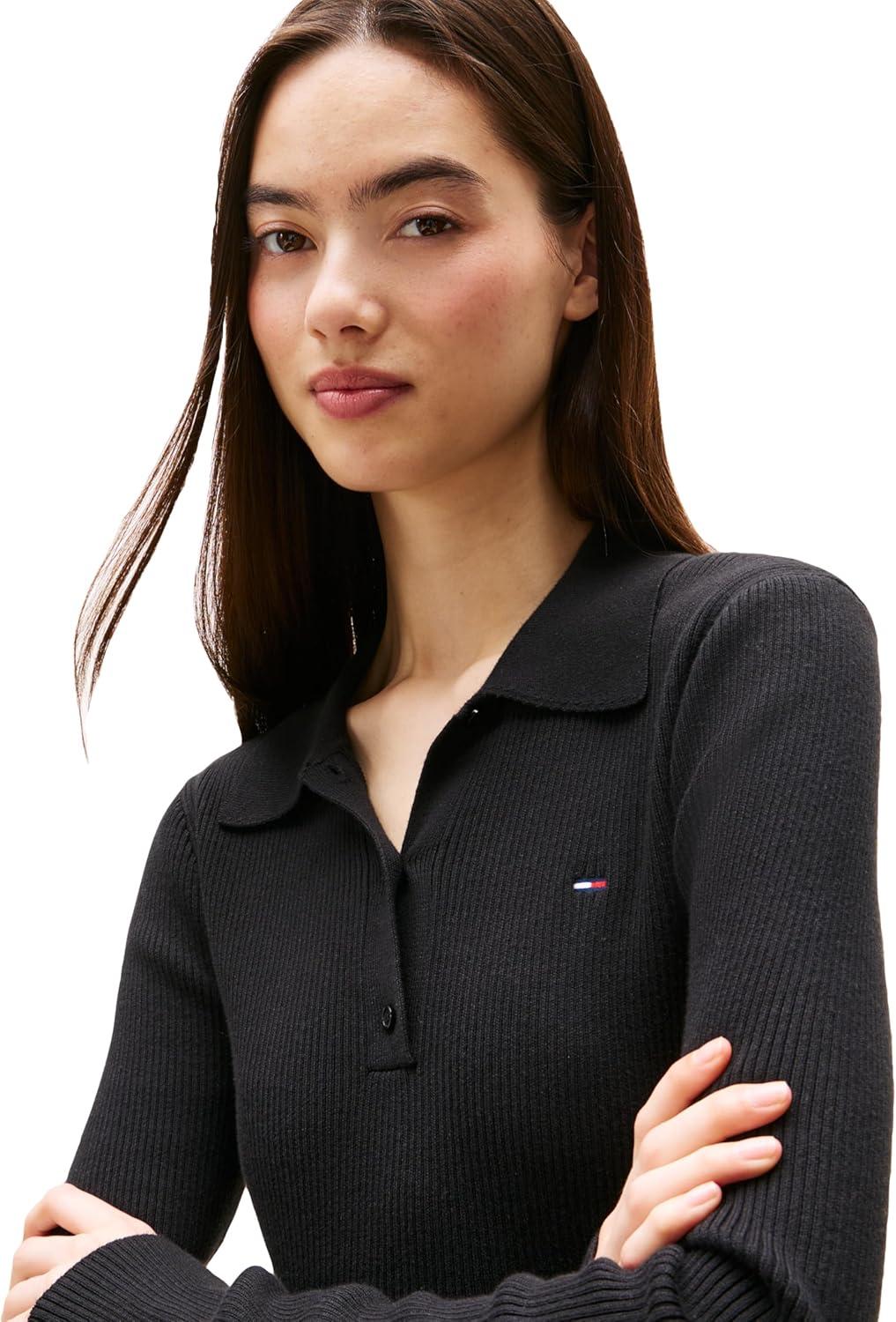 imageTommy Jeans Womens Medium Weight Long Sleeve Sweater Polo with Embroidered Flag LogoBlack