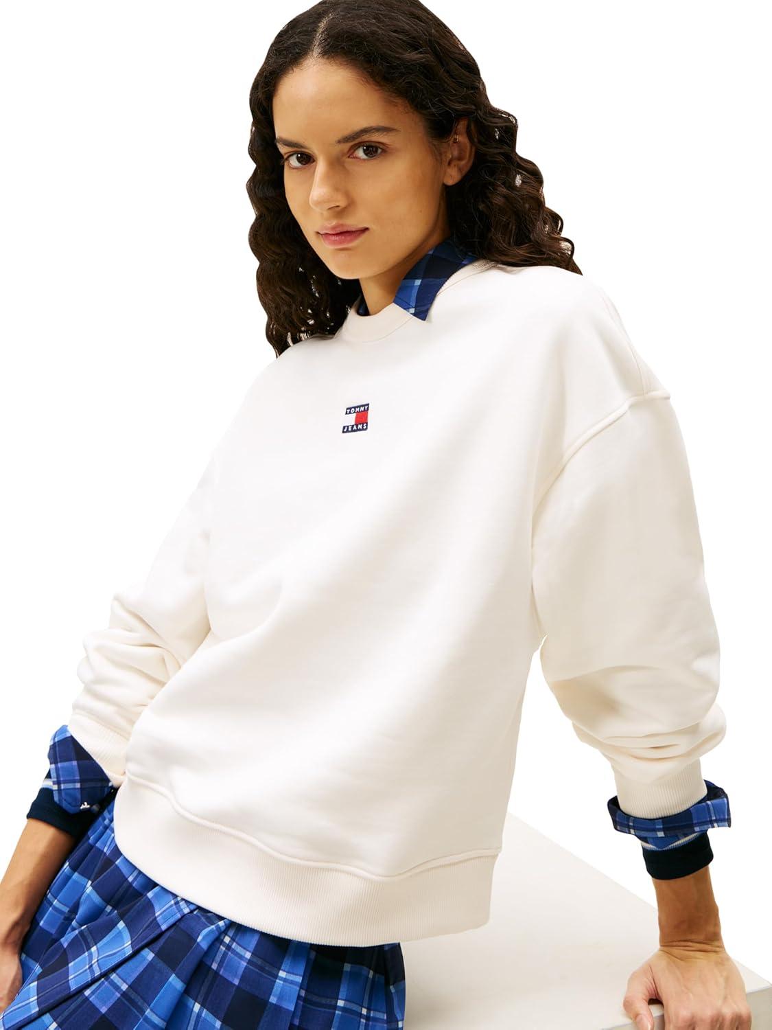 imageTommy Jeans Womens Medium Weight Pullover Crewneck with Center Embroidered Flag LogoAncient White