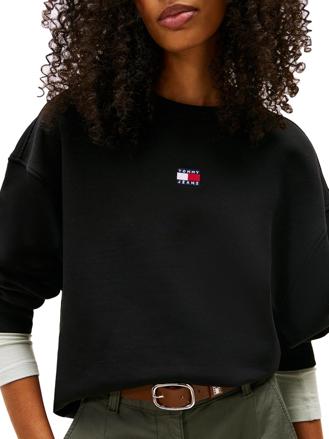 imageTommy Jeans Womens Medium Weight Pullover Crewneck with Center Embroidered Flag LogoBlack