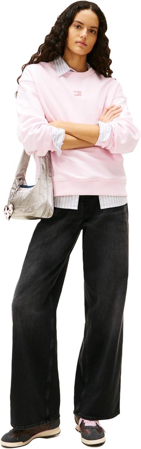 imageTommy Jeans Womens Medium Weight Pullover Crewneck with Center Embroidered Flag LogoLight Pink