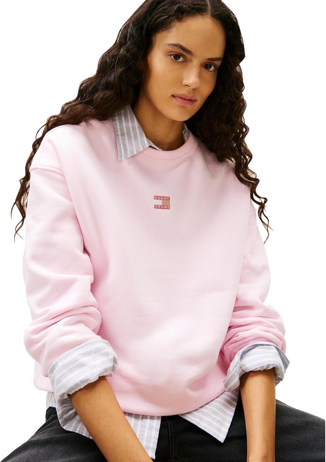 imageTommy Jeans Womens Medium Weight Pullover Crewneck with Center Embroidered Flag LogoLight Pink