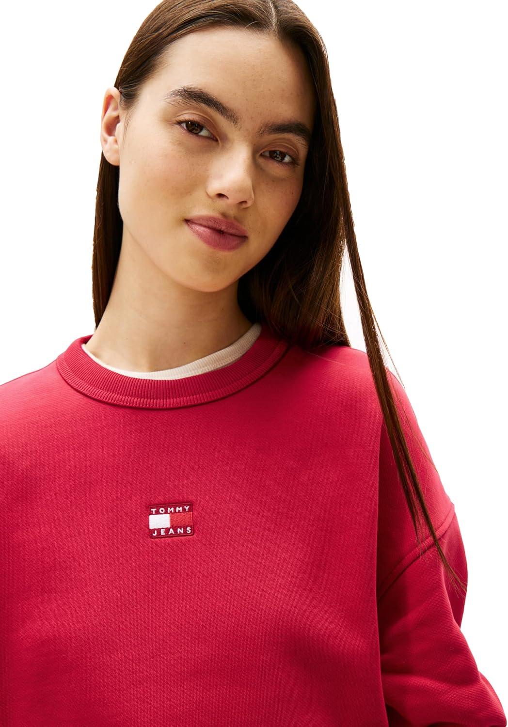 imageTommy Jeans Womens Medium Weight Pullover Crewneck with Center Embroidered Flag LogoRuby Rhubarb