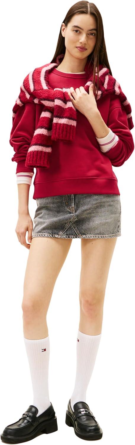 imageTommy Jeans Womens Medium Weight Pullover Crewneck with Center Embroidered Flag LogoRuby Rhubarb