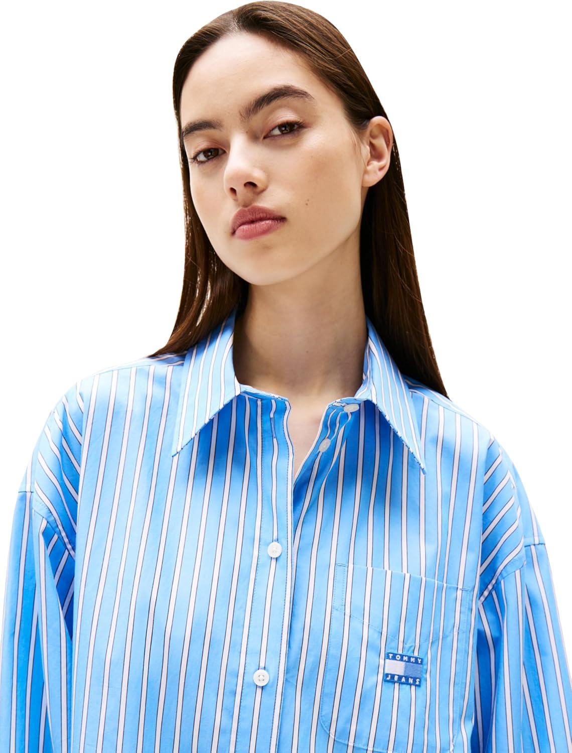 imageTommy Jeans Womens Shirt Dress with Flag LogoEcru Blue Stripe