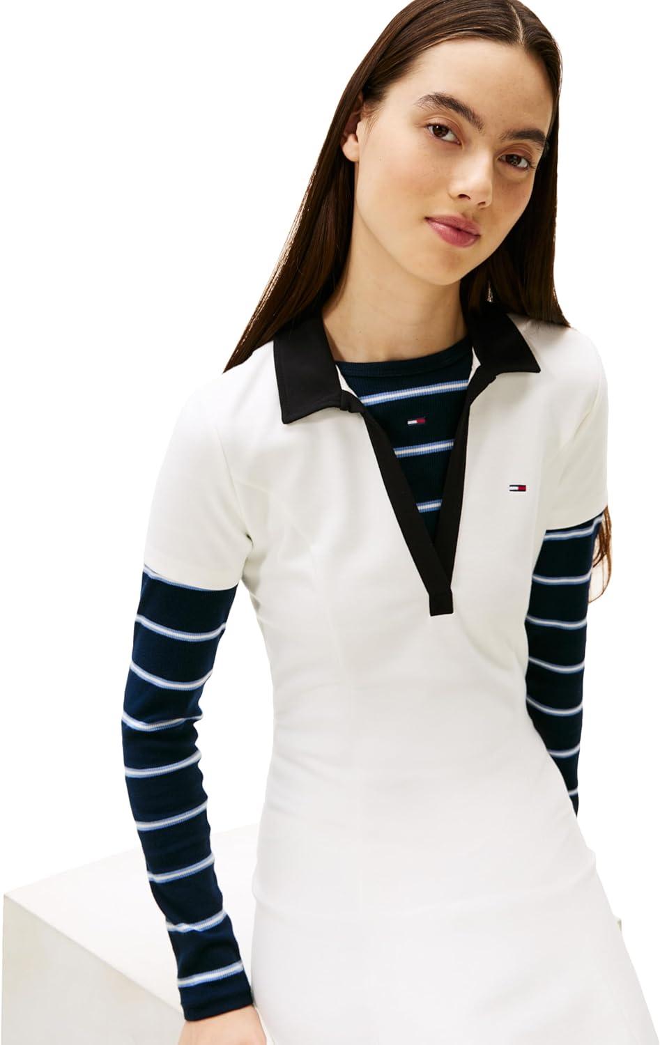 imageTommy Jeans Womens Short Sleeve Contrasting Polo Stretch Casual DressesEcru