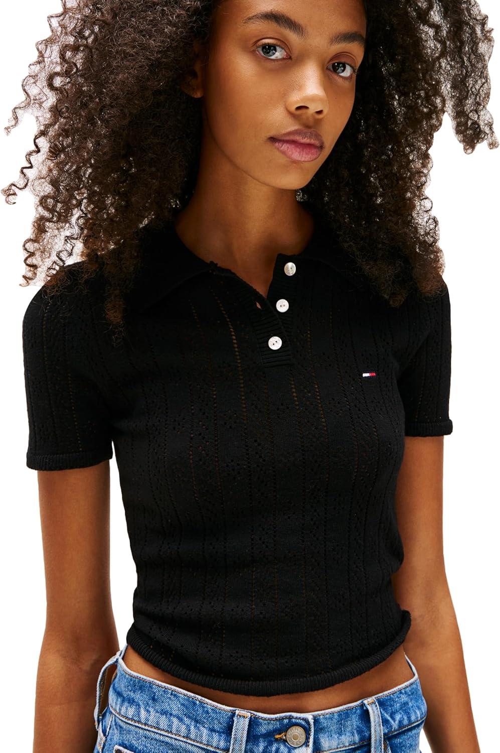 imageTommy Jeans Womens Short Sleeve Knit Polo with Texture DetailsBlack