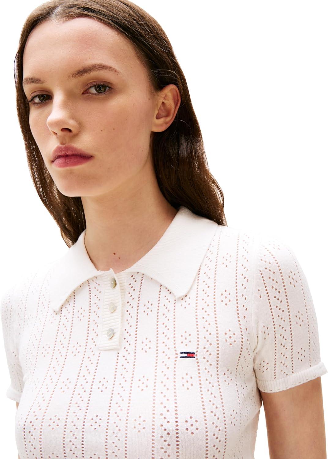 imageTommy Jeans Womens Short Sleeve Knit Polo with Texture DetailsEcru