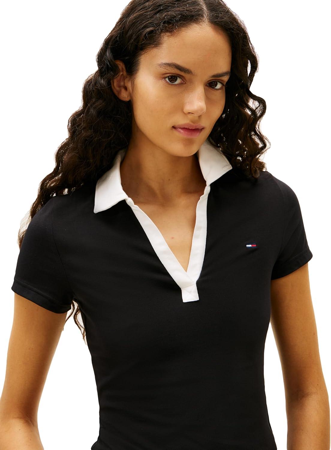 imageTommy Jeans Womens Short Sleeve V Neck Polo Shirt with Contrast Collar DesignBlack