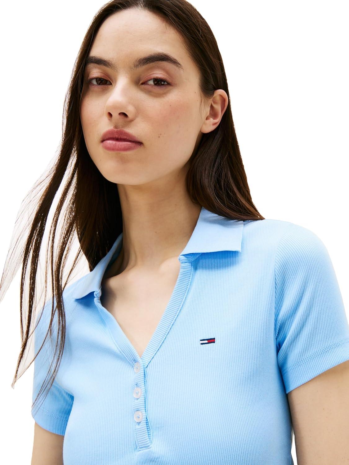imageTommy Jeans Womens Short Sleeve V Neck Polo Shirt with Ribbed Knit DesignLight Powdery Blue