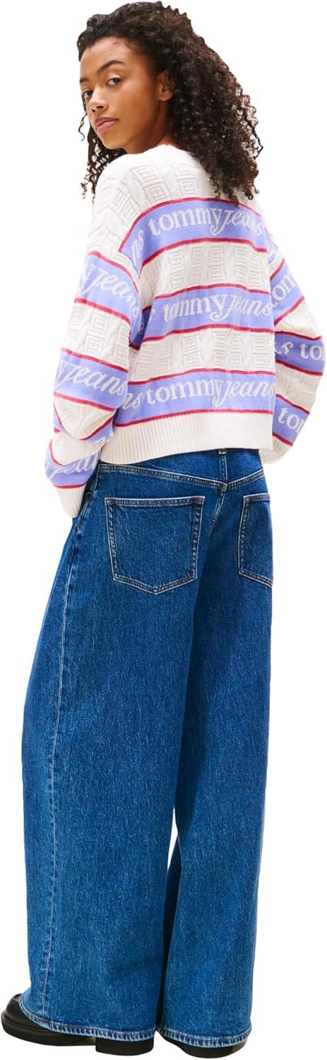 imageTommy Jeans Womens Striped Pullover VNeck Sweater with Logo PrintAncient White Stripe
