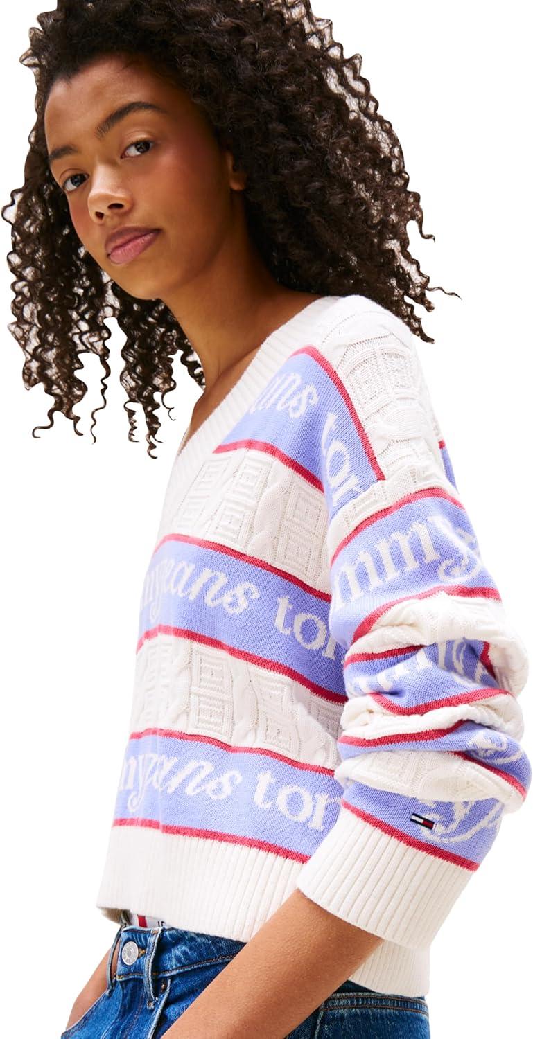 imageTommy Jeans Womens Striped Pullover VNeck Sweater with Logo PrintAncient White Stripe