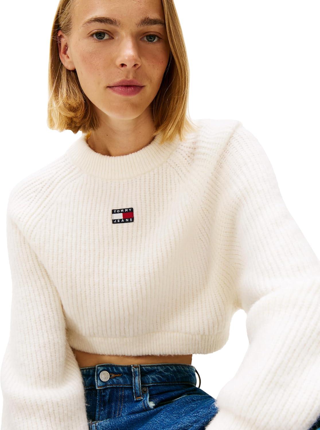 imageTommy Jeans Womens Wool Blend Pullover Crewneck Sweater with Embroidered Flag LogoAncient White