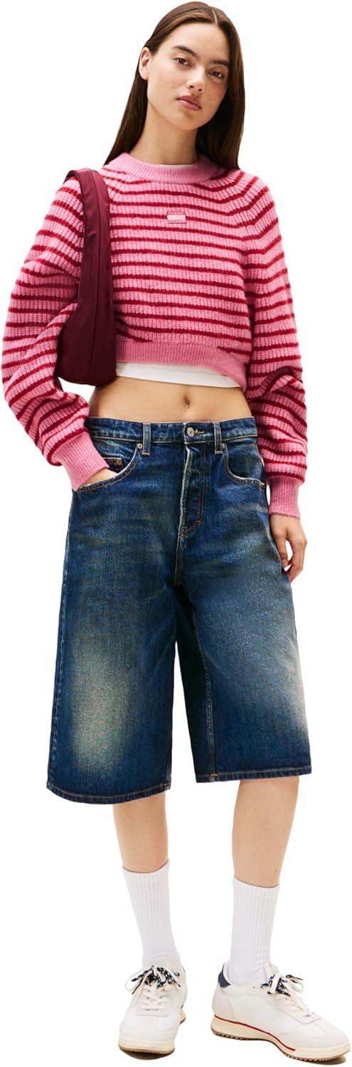 imageTommy Jeans Womens Wool Blend Pullover Crewneck Sweater with Embroidered Flag LogoMystic Pink Stripe