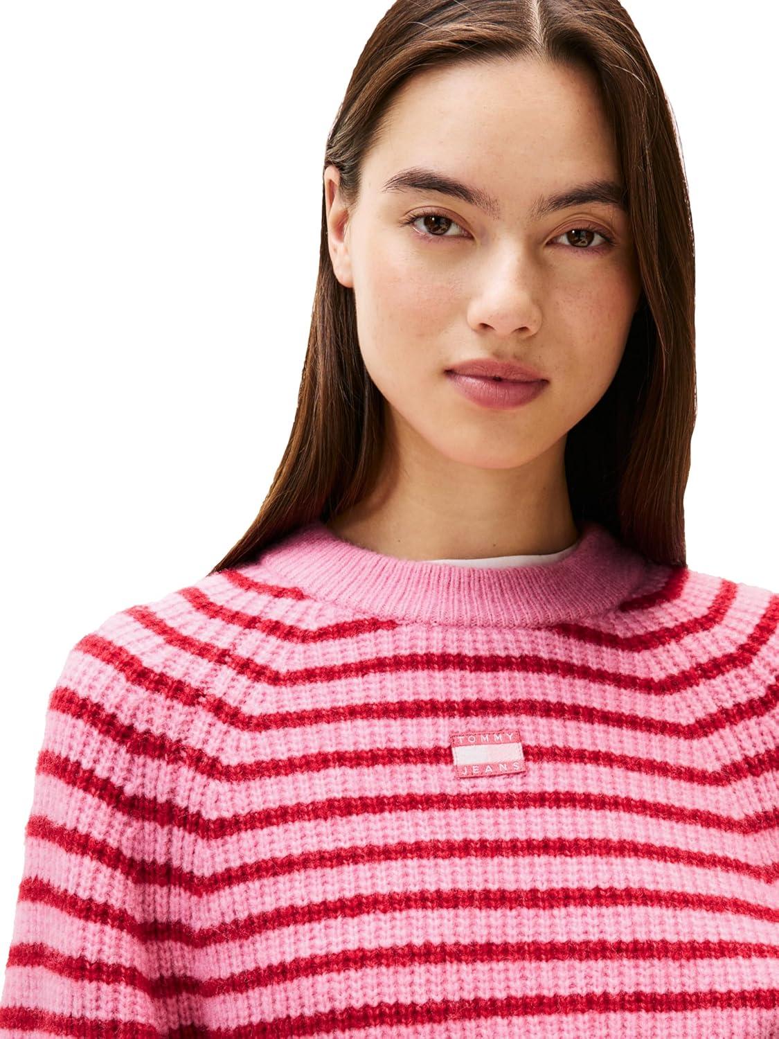 imageTommy Jeans Womens Wool Blend Pullover Crewneck Sweater with Embroidered Flag LogoMystic Pink Stripe