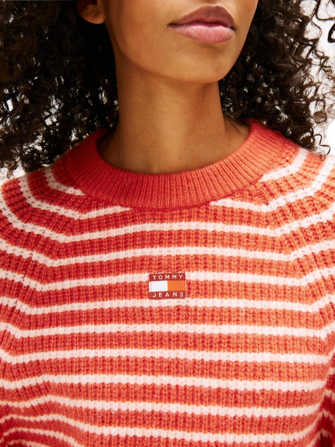 imageTommy Jeans Womens Wool Blend Pullover Crewneck Sweater with Embroidered Flag LogoRustic Coral Stripe