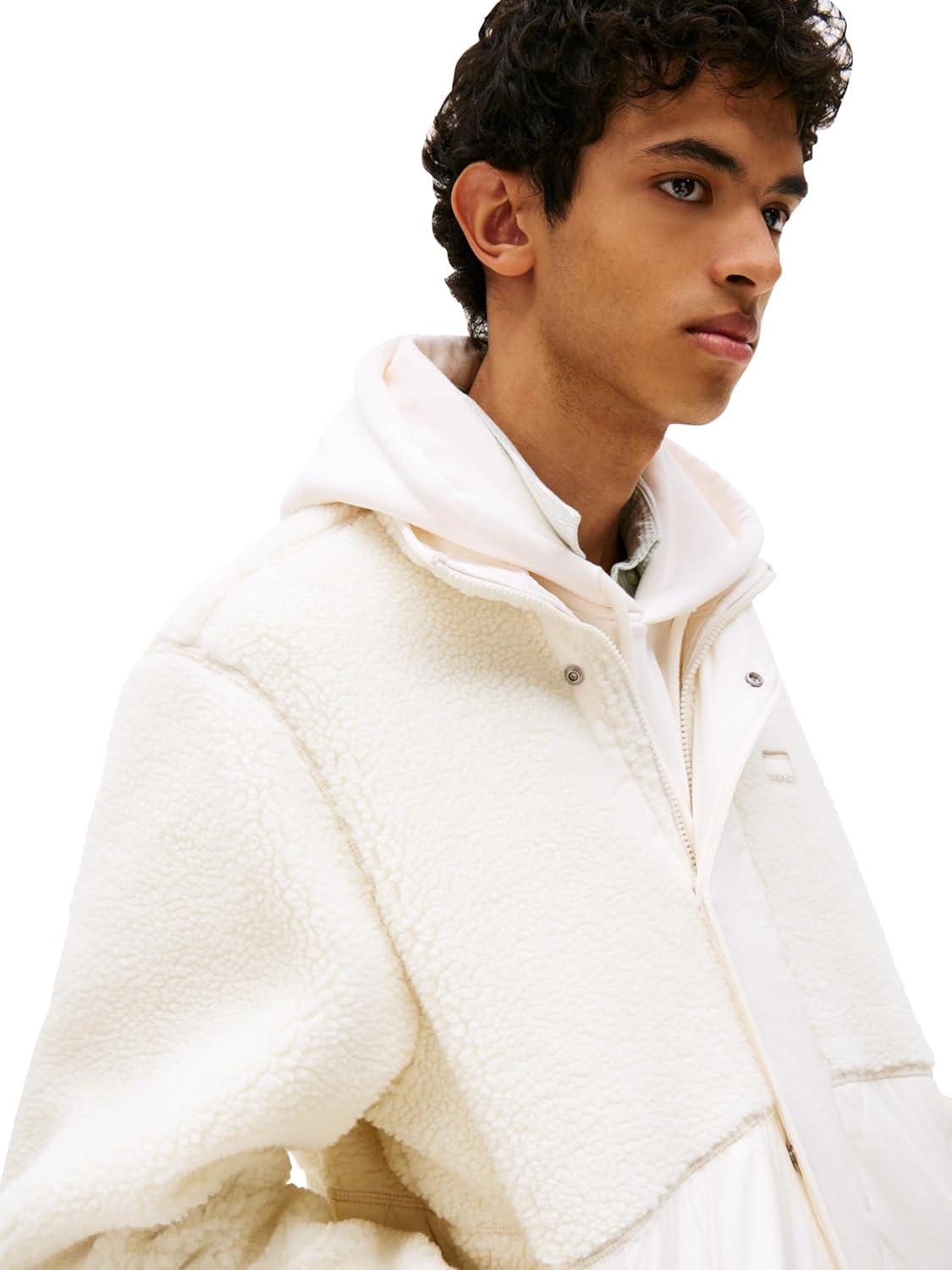 imageTommy Jeans mens Lightweight Mixed Teddy Jacket With Embroidered LogoAncient White