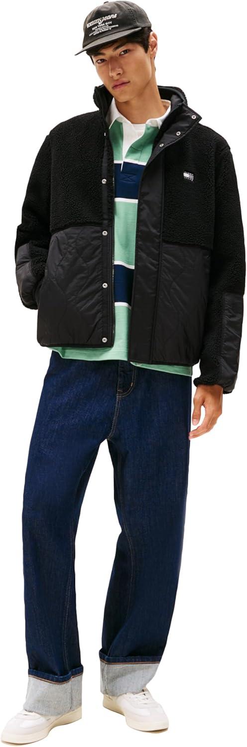 imageTommy Jeans mens Lightweight Mixed Teddy Jacket With Embroidered LogoBlack