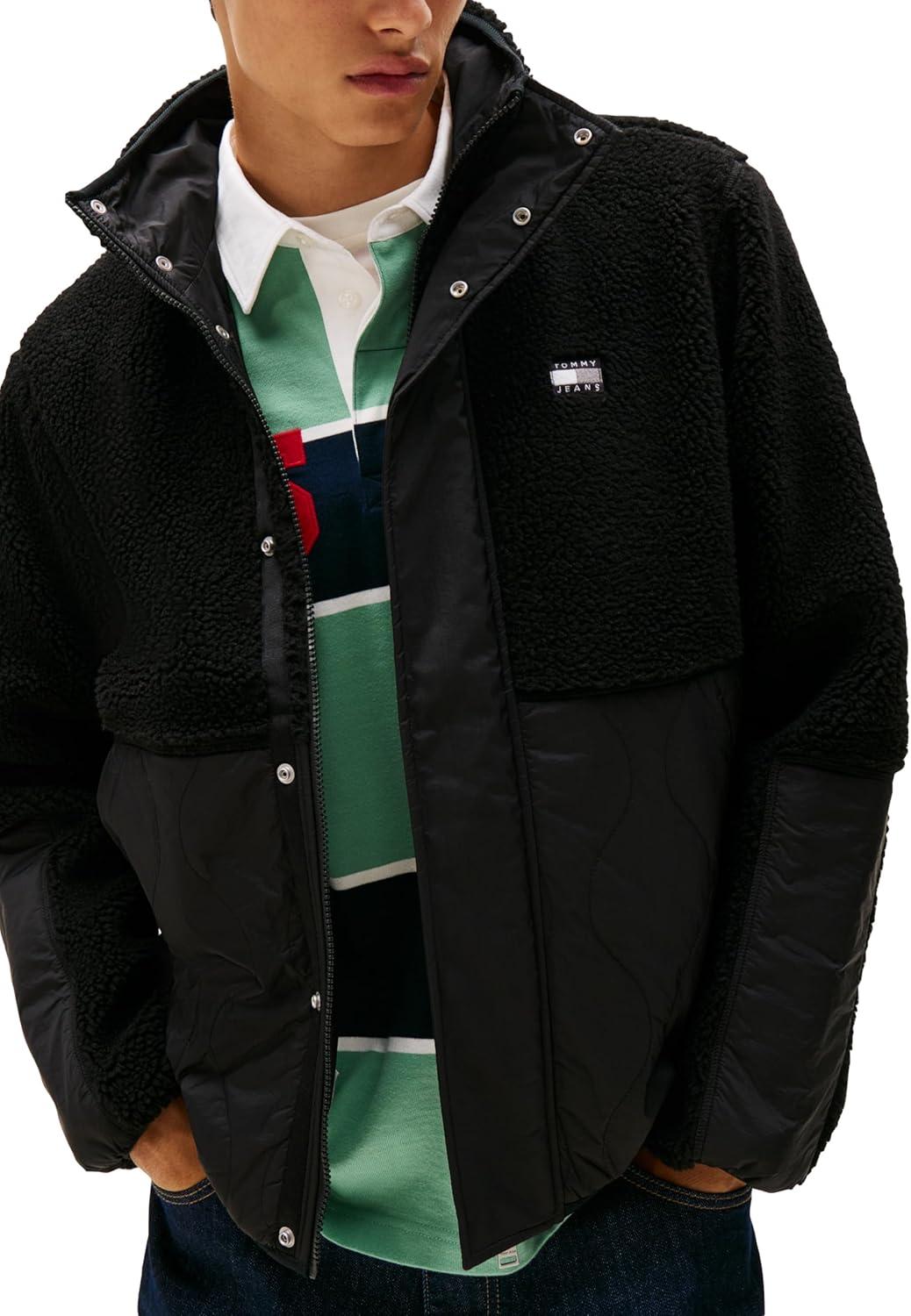 imageTommy Jeans mens Lightweight Mixed Teddy Jacket With Embroidered LogoBlack