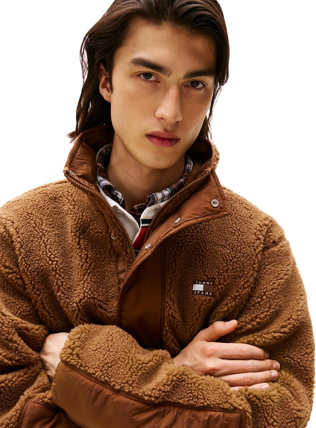 imageTommy Jeans mens Lightweight Mixed Teddy Jacket With Embroidered LogoPecan Nut