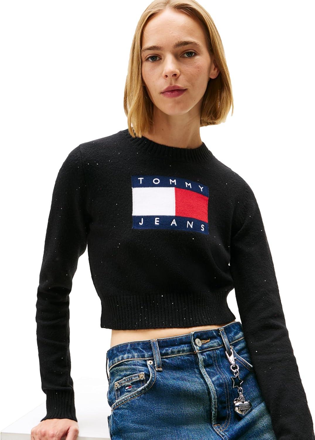 imageTommy Jeans womens Long Sleeve Pullover Crewneck Sweater With Big Flag Logo and Sparkle DetailBlack
