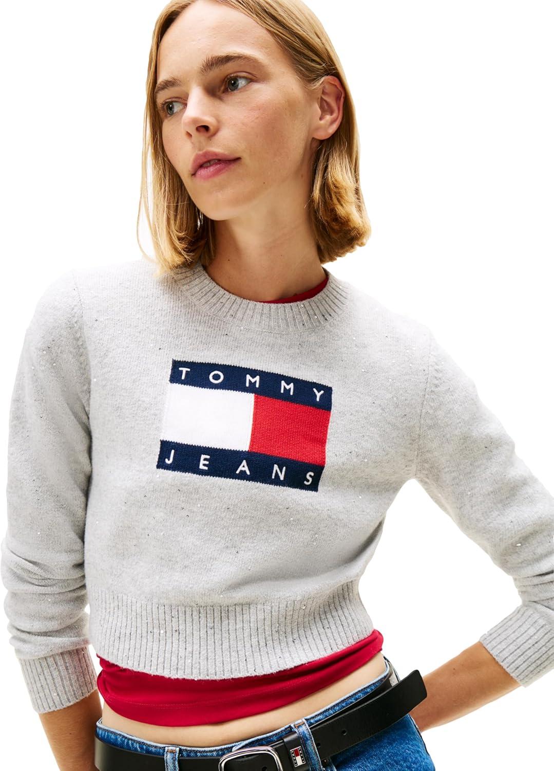 imageTommy Jeans womens Long Sleeve Pullover Crewneck Sweater With Big Flag Logo and Sparkle DetailLight Grey Heather