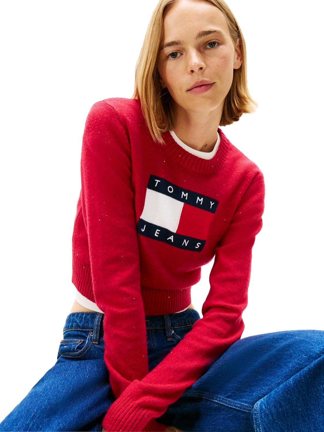 imageTommy Jeans womens Long Sleeve Pullover Crewneck Sweater With Big Flag Logo and Sparkle DetailRuby Rhubarb
