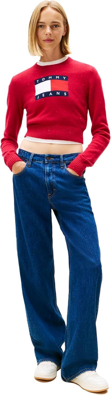 imageTommy Jeans womens Long Sleeve Pullover Crewneck Sweater With Big Flag Logo and Sparkle DetailRuby Rhubarb