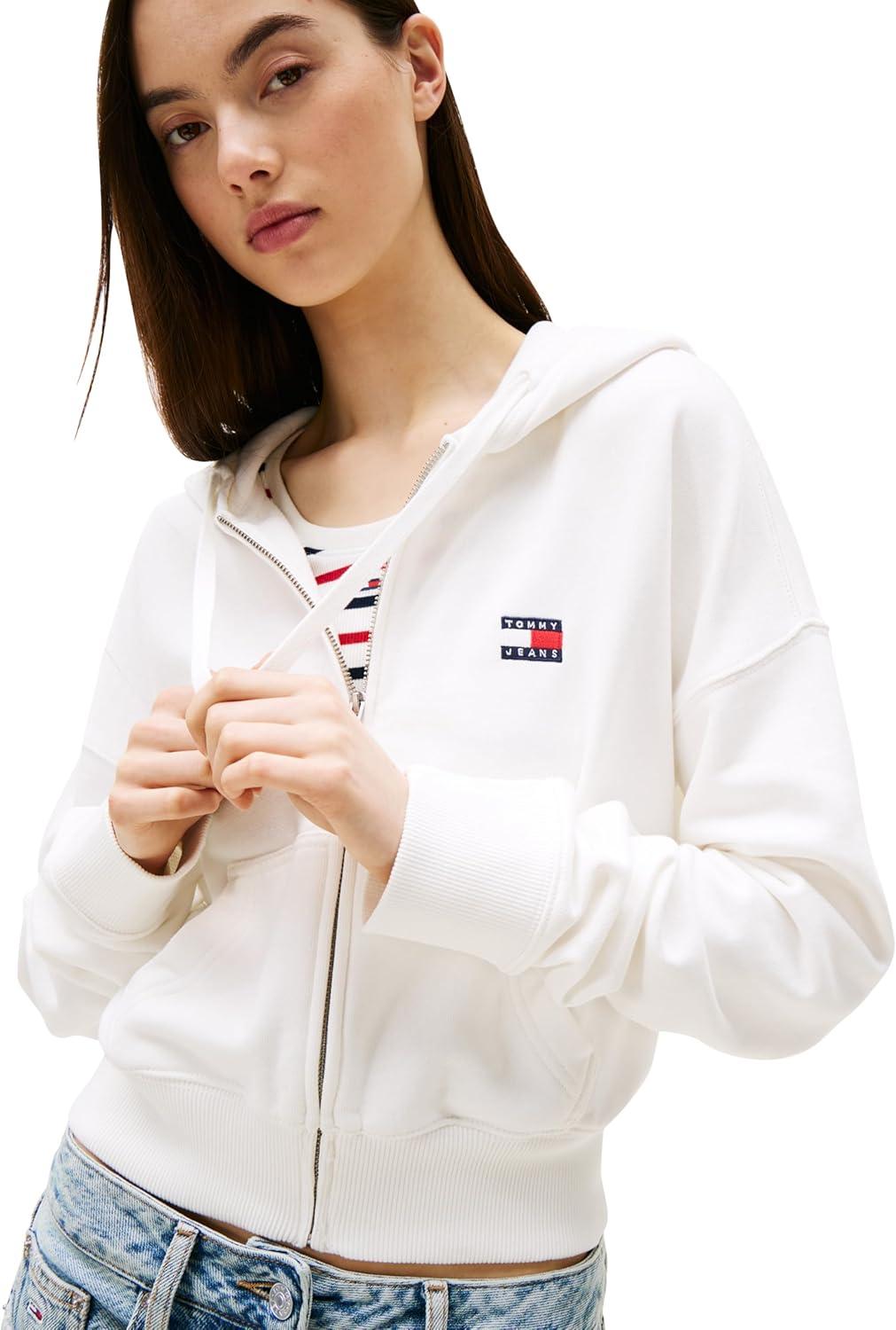 imageTommy Jeans womens Medium Weight Cropped Zip Hoodie With Embroidered Flag LogoEcru