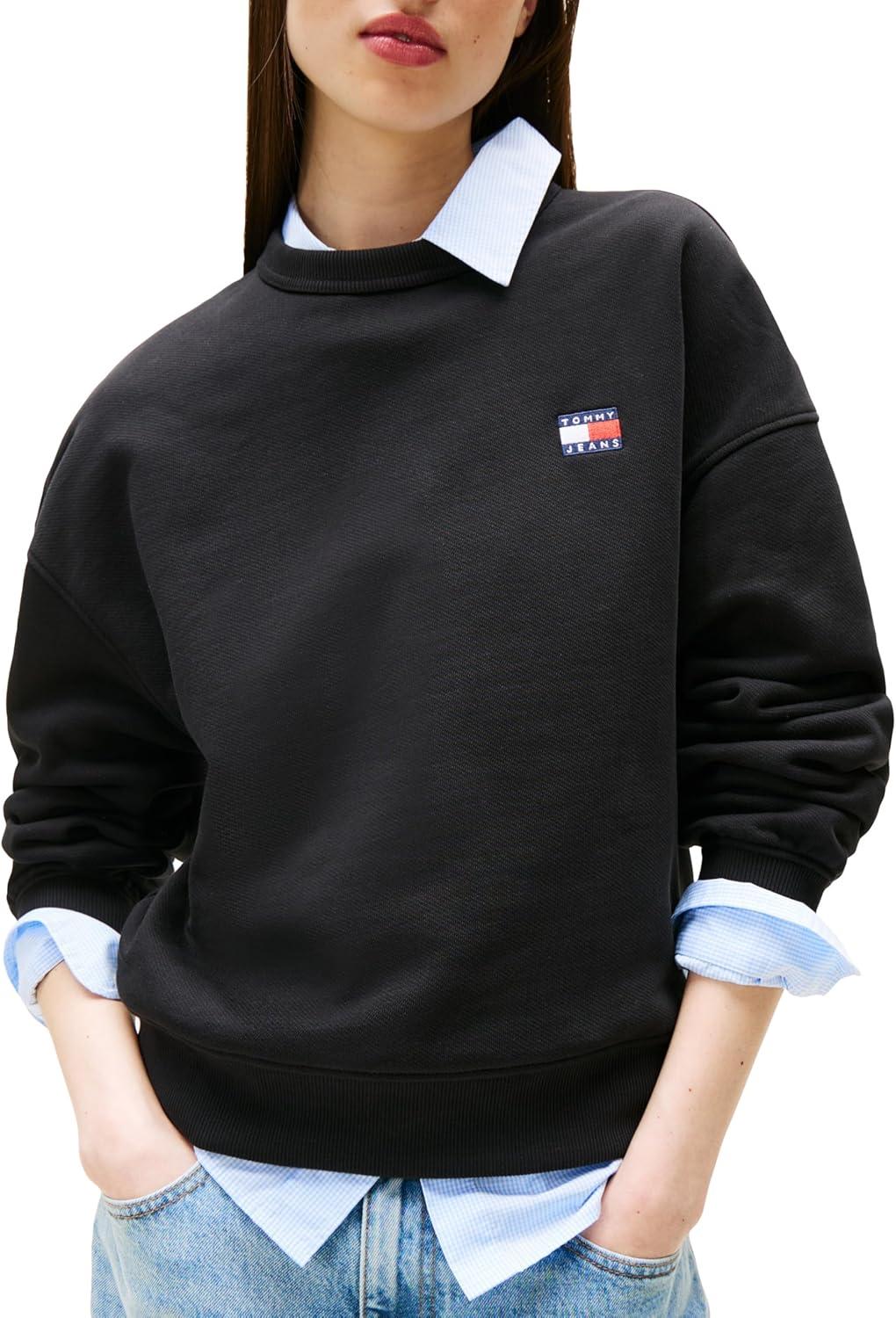 imageTommy Jeans womens Medium Weight Pullover Crewneck With Embroidered Flag LogoBlack
