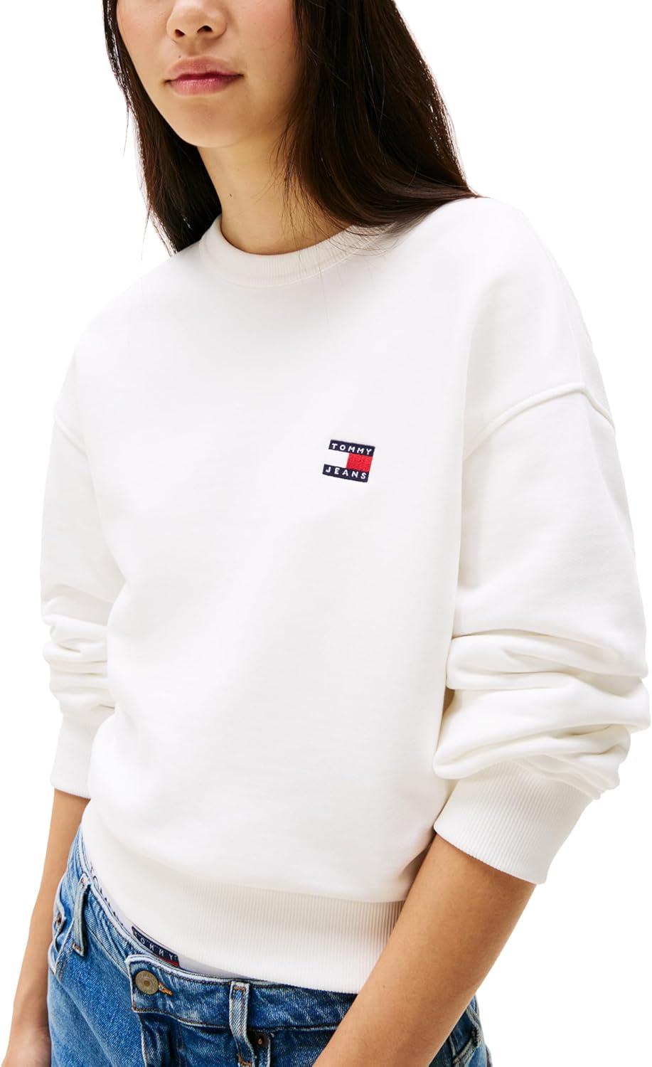 imageTommy Jeans womens Medium Weight Pullover Crewneck With Embroidered Flag LogoEcru