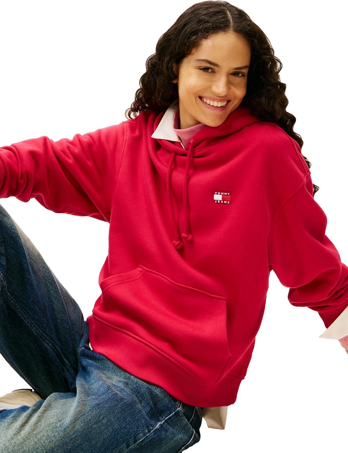 imageTommy Jeans womens Medium Weight Pullover Hoodie With Embroidered Flag LogoRuby Rhubarb