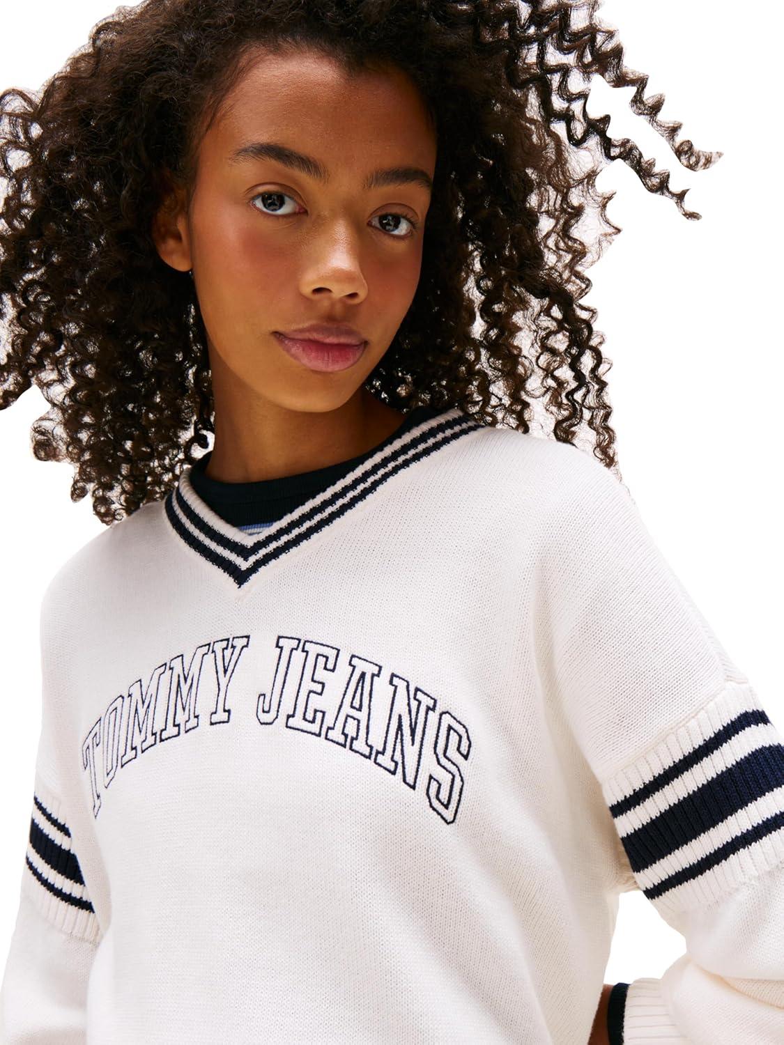 imageTommy Jeans womens Medium Weight Pullover Vneck Sweater With Printed LogoAncient White