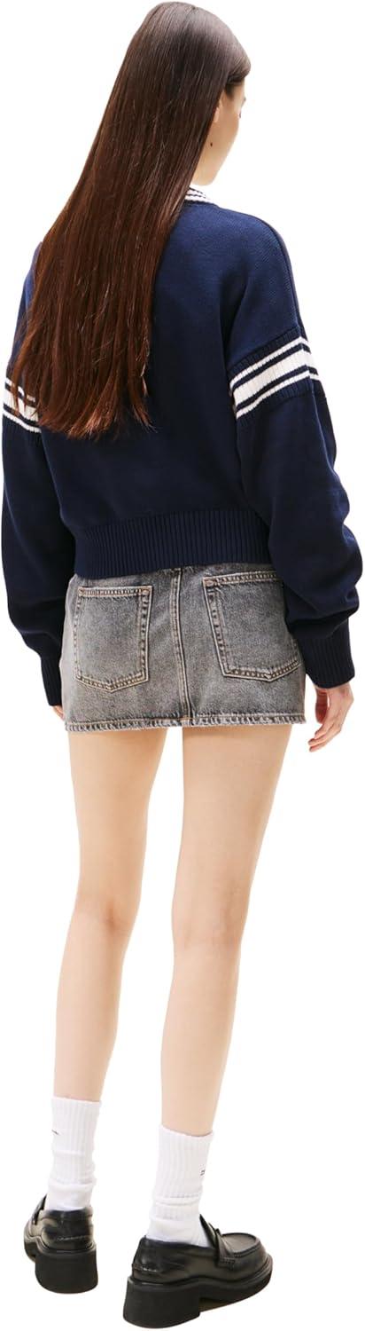 imageTommy Jeans womens Medium Weight Pullover Vneck Sweater With Printed LogoDark Night Navy