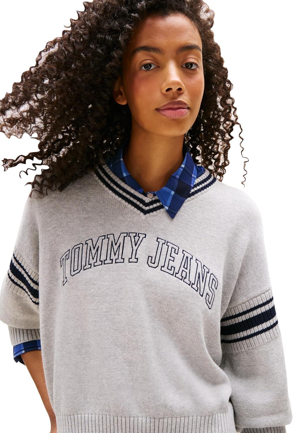 imageTommy Jeans womens Medium Weight Pullover Vneck Sweater With Printed LogoGrey Heather