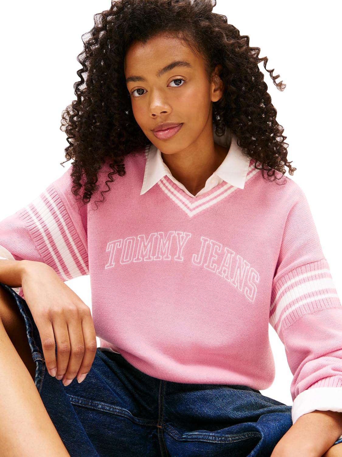 imageTommy Jeans womens Medium Weight Pullover Vneck Sweater With Printed LogoMystic Pink