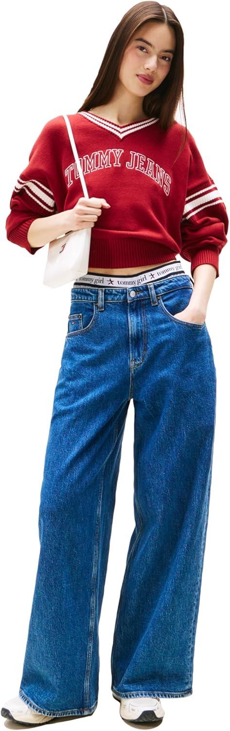 imageTommy Jeans womens Medium Weight Pullover Vneck Sweater With Printed LogoRegatta Red