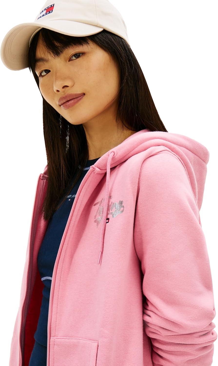 imageTommy Jeans womens Medium Weight Zip Up Hoodie With Printed Logo and DrawstringMystic Pink