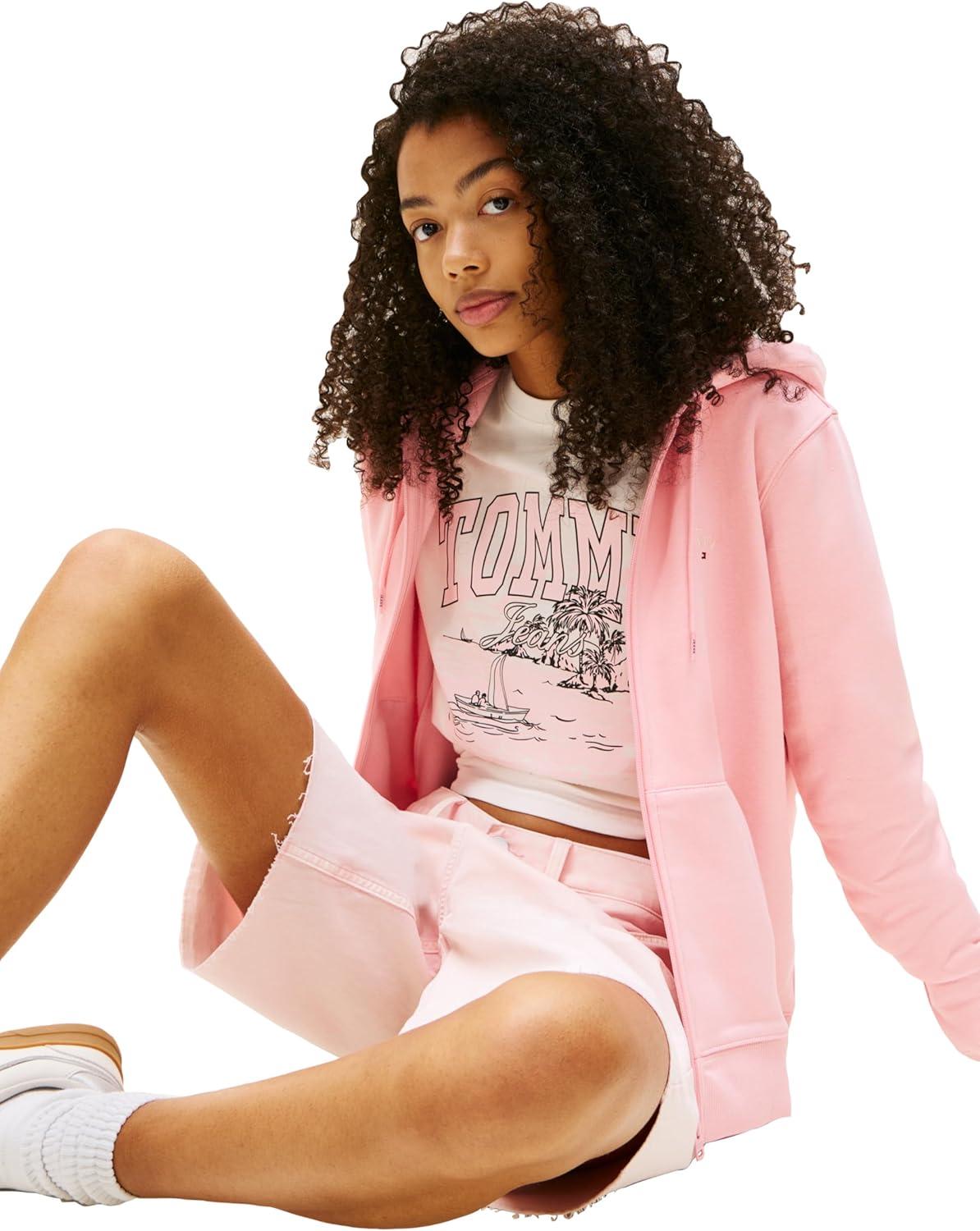 imageTommy Jeans womens Medium Weight Zip Up Hoodie With Script Logo and DrawstringBallet Pink