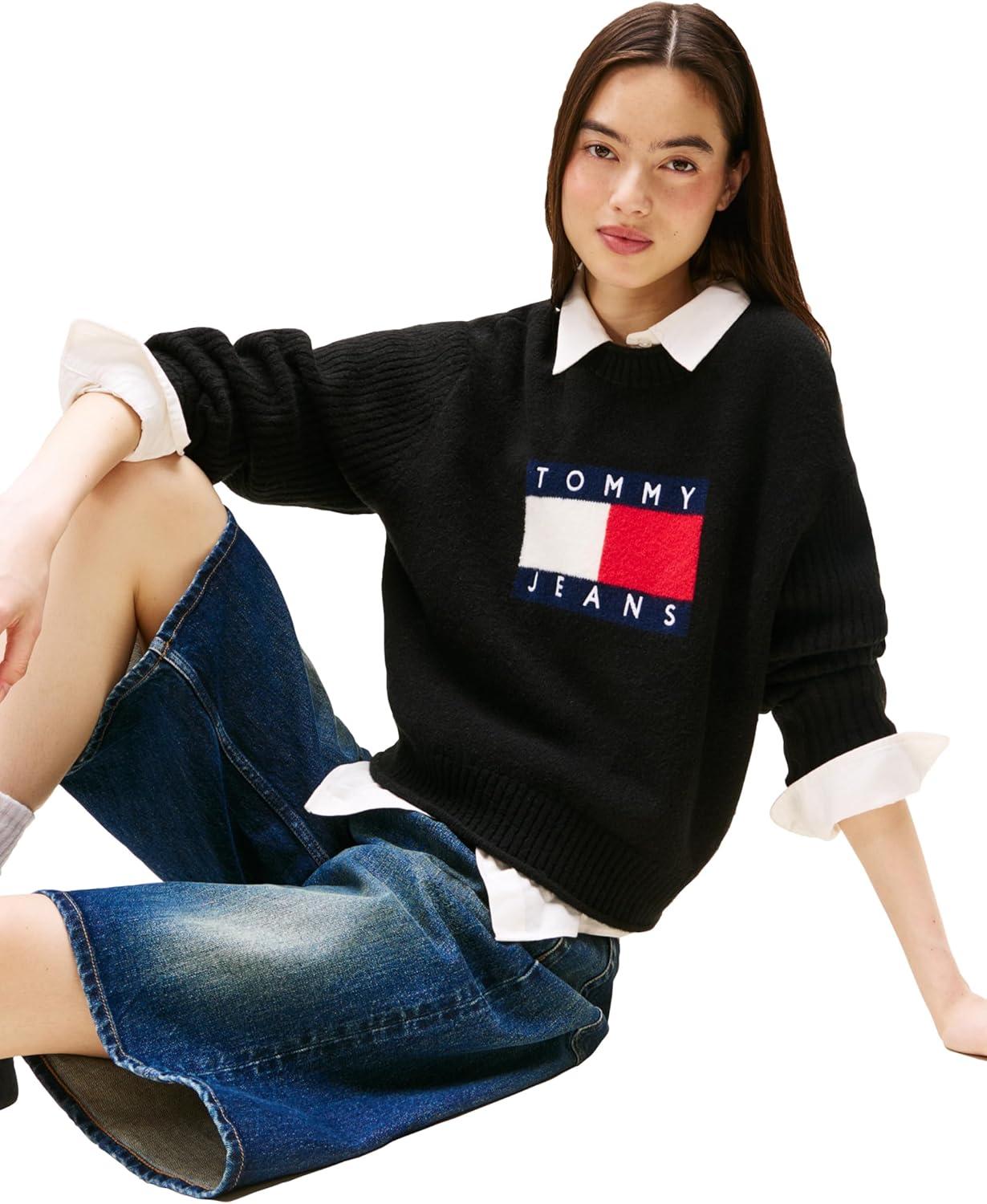 imageTommy Jeans womens Wool Blend Pullover Crewneck Sweater With Knit Big Flag LogoBlack Heather
