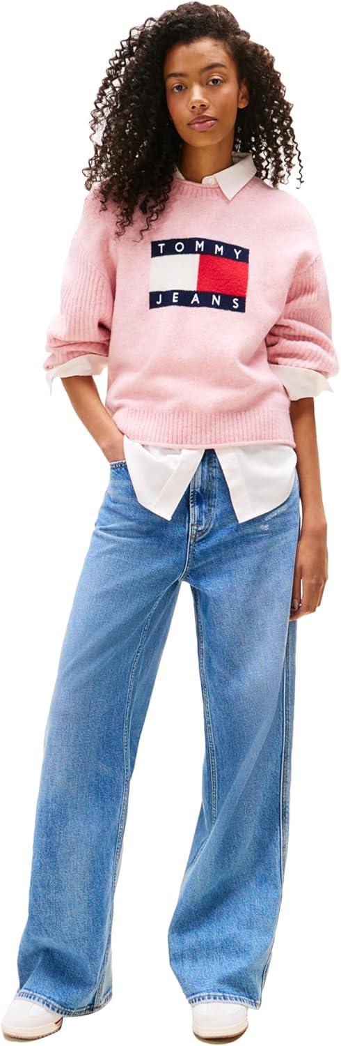 imageTommy Jeans womens Wool Blend Pullover Crewneck Sweater With Knit Big Flag LogoMystic Pink Heather