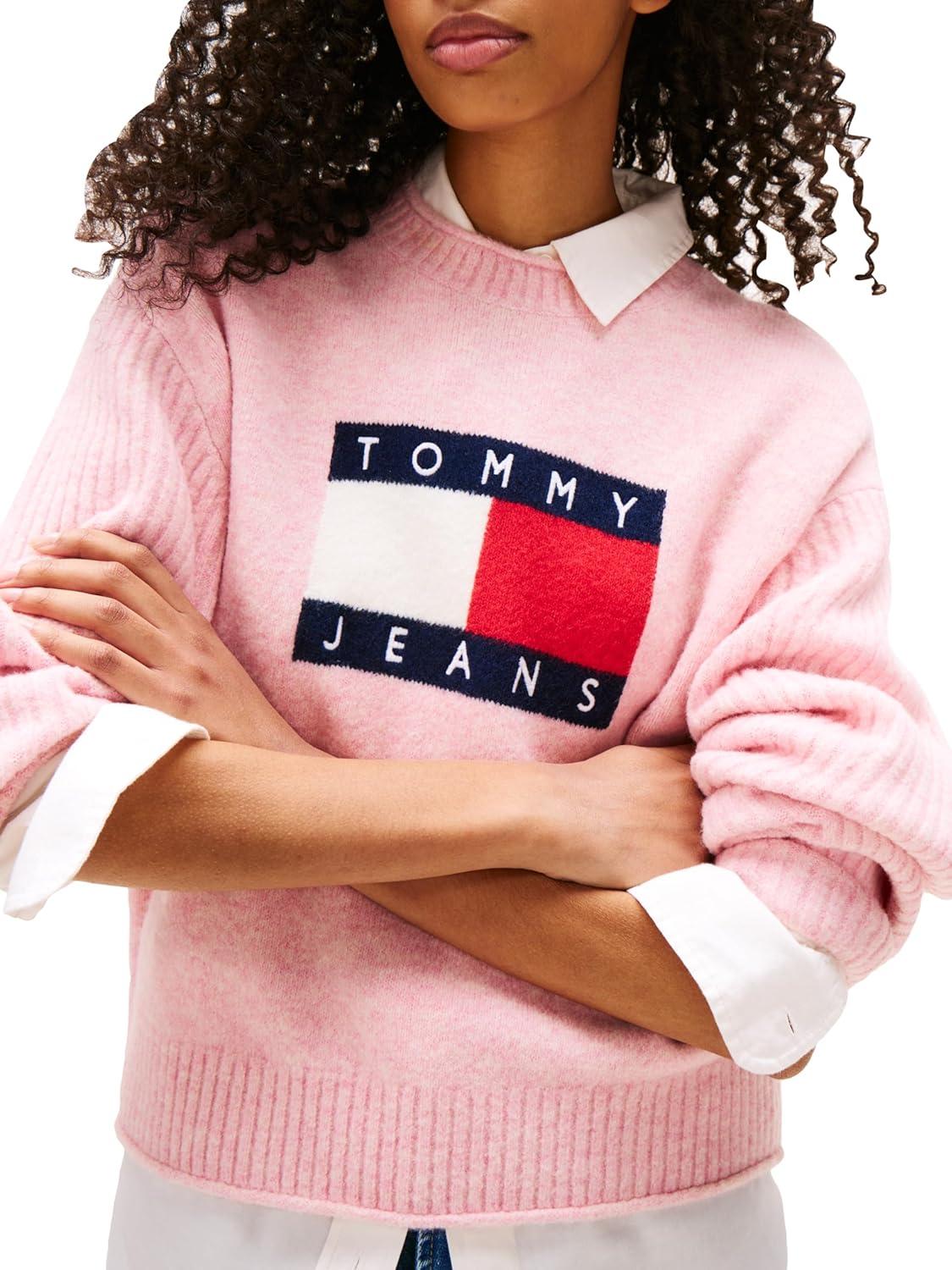 imageTommy Jeans womens Wool Blend Pullover Crewneck Sweater With Knit Big Flag LogoMystic Pink Heather