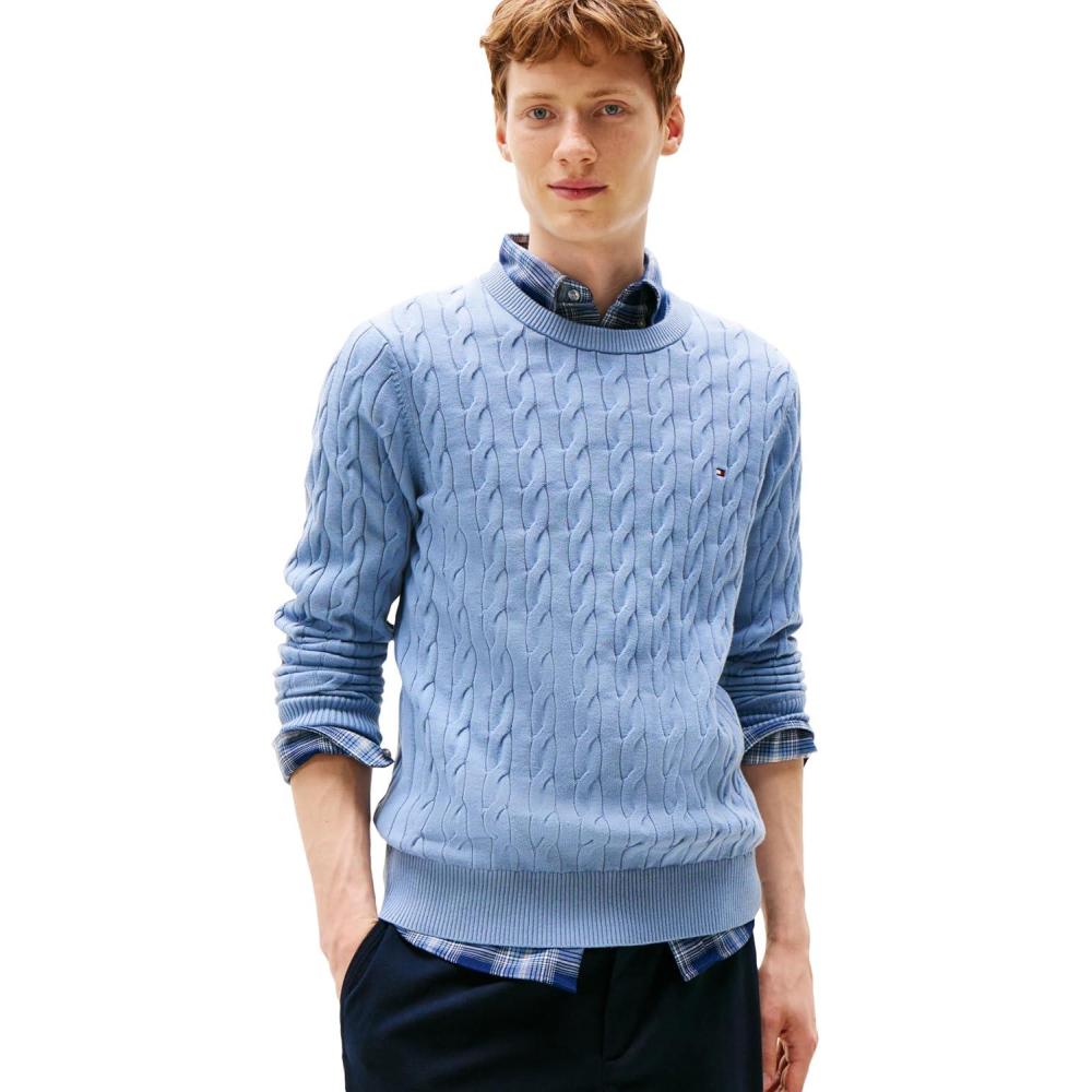 imageTommy Hilfiger Mens Cable Knit Crewneck Sweater Lightweight PulloverBrisk Blue