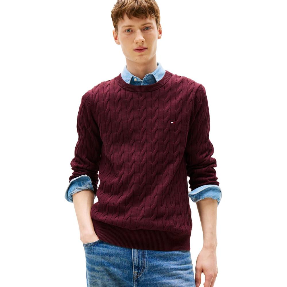 imageTommy Hilfiger Mens Cable Knit Crewneck Sweater Lightweight PulloverDeep Burgundy