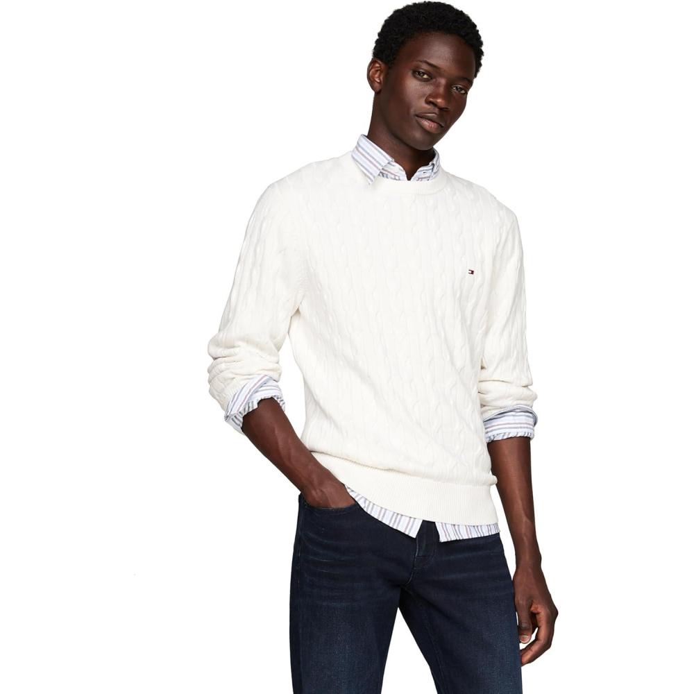 imageTommy Hilfiger Mens Cable Knit Crewneck Sweater Lightweight PulloverIvory