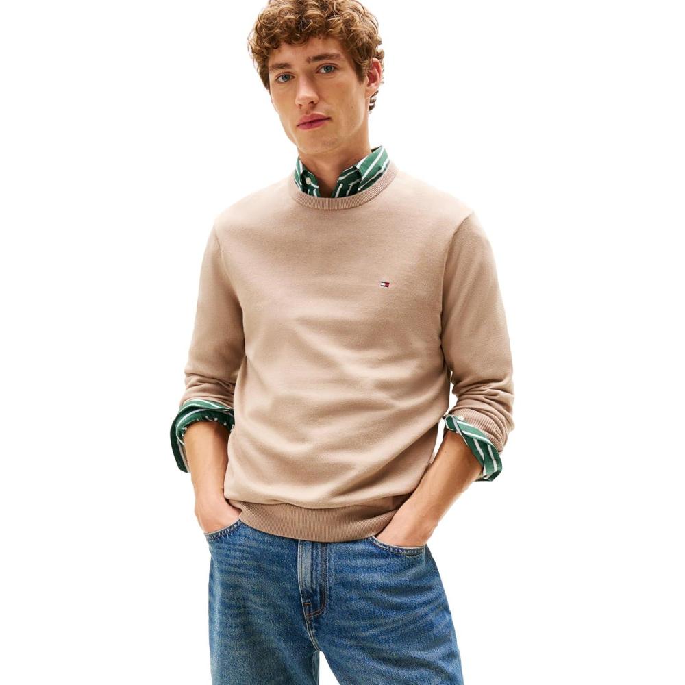imageTommy Hilfiger Mens Cotton Solid Crewneck Sweater Lightweight Pullover Also Available in Big ampamp TallCoastal Taupe