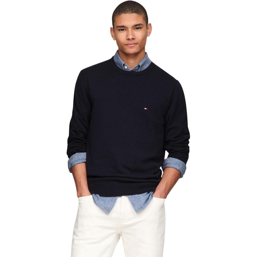 imageTommy Hilfiger Mens Cotton Solid Crewneck Sweater Lightweight Pullover Also Available in Big ampamp TallDesert Sky