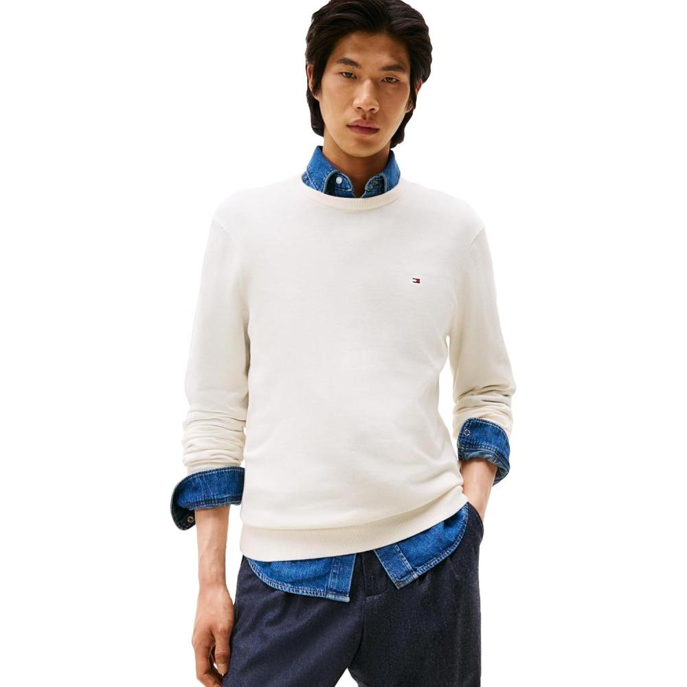 imageTommy Hilfiger Mens Cotton Solid Crewneck Sweater Lightweight Pullover Also Available in Big ampamp TallIvory Petal