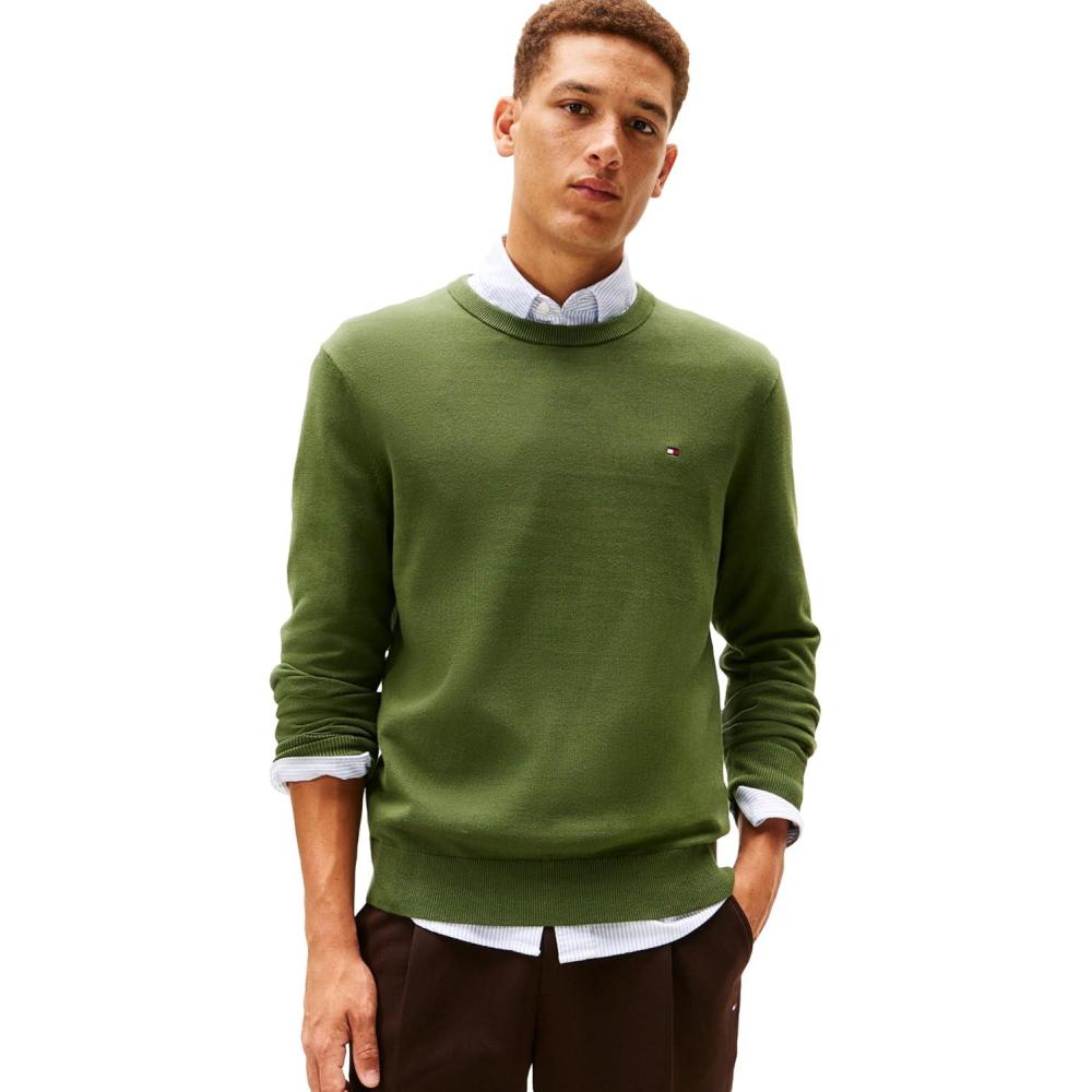 imageTommy Hilfiger Mens Cotton Solid Crewneck Sweater Lightweight Pullover Also Available in Big ampamp TallMountain Pine