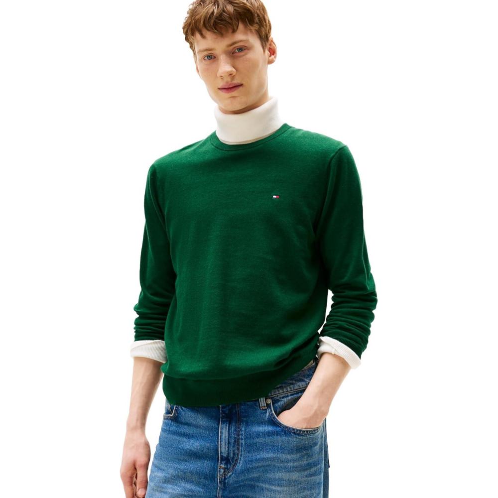 imageTommy Hilfiger Mens Cotton Solid Crewneck Sweater Lightweight Pullover Also Available in Big ampamp TallOrnamental Green Heather